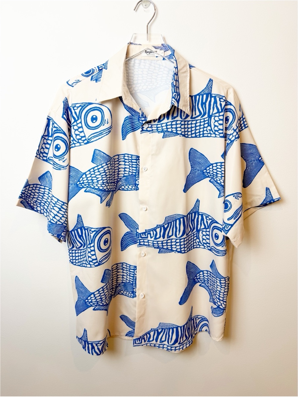 Sycpman | Fashion Blue Fish Sardine Print Short Sleeve Button Down Shirt